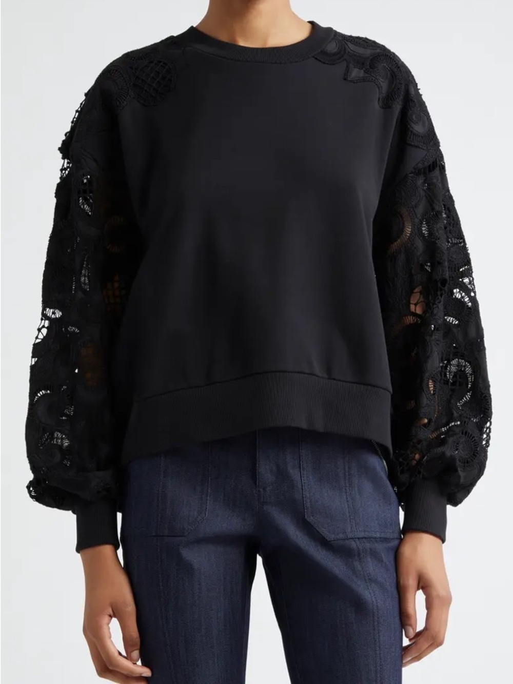 Cinq à Sept Black Lace Sleeve Sweatshirt Crewneck Pullover Top Statement Design